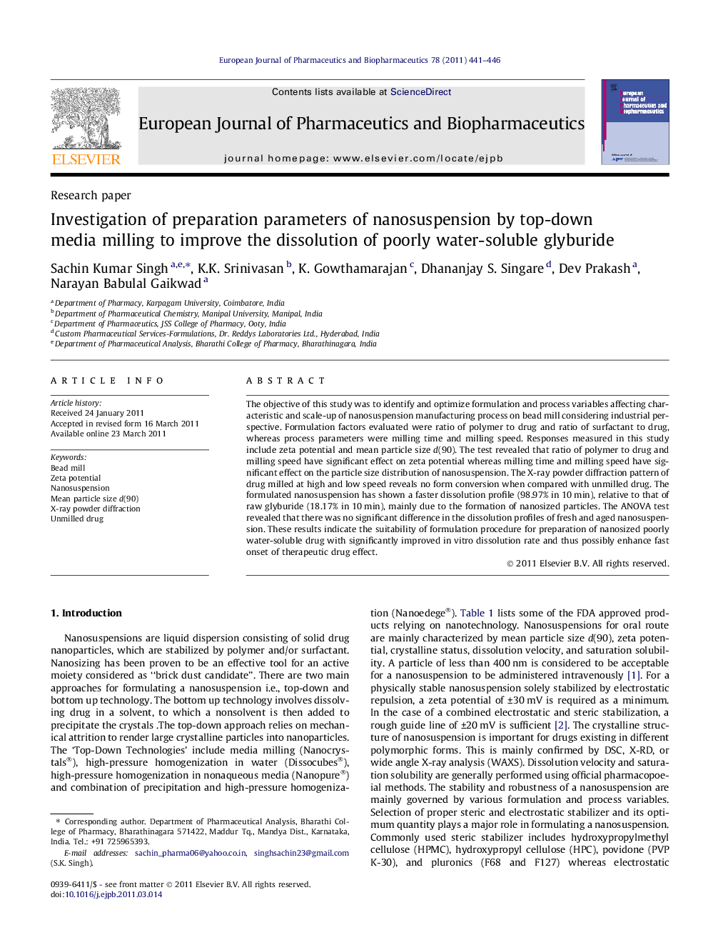 Investigation of preparation parameters of nanosuspension by top-down media milling to improve the dissolution of poorly water-soluble glyburide