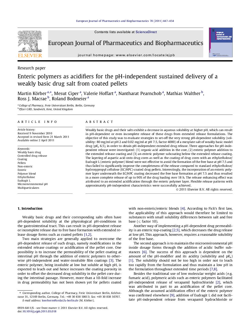 Enteric polymers as acidifiers for the pH-independent sustained delivery of a weakly basic drug salt from coated pellets