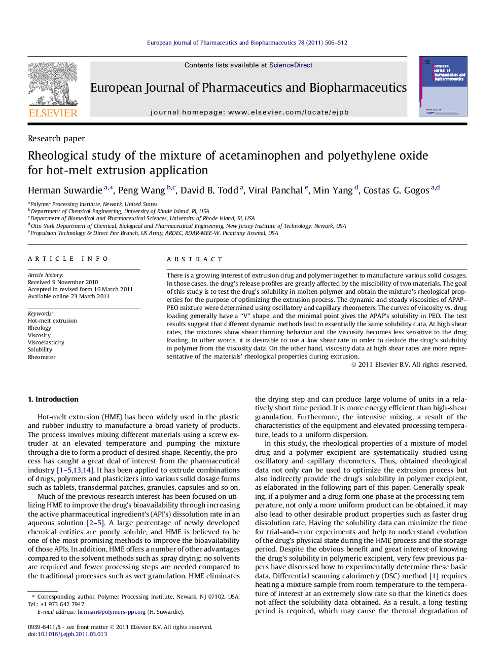 Rheological study of the mixture of acetaminophen and polyethylene oxide for hot-melt extrusion application