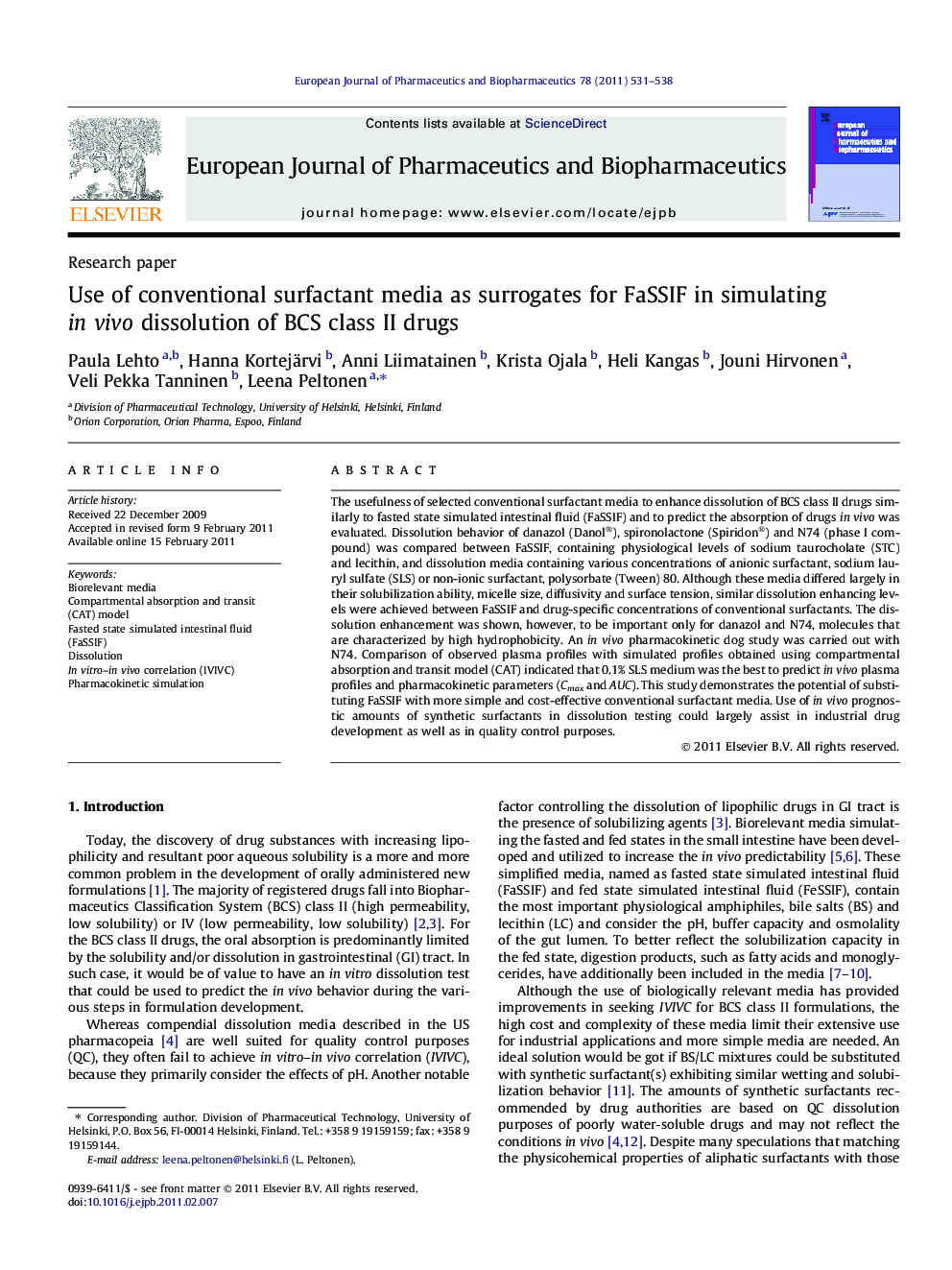 Use of conventional surfactant media as surrogates for FaSSIF in simulating in vivo dissolution of BCS class II drugs