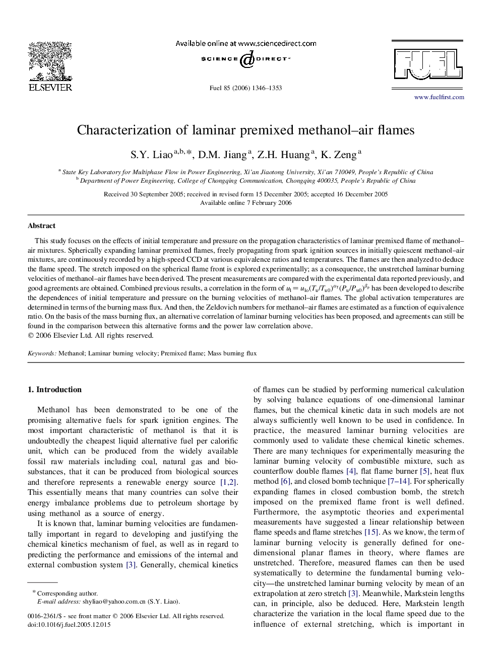 Characterization of laminar premixed methanol–air flames