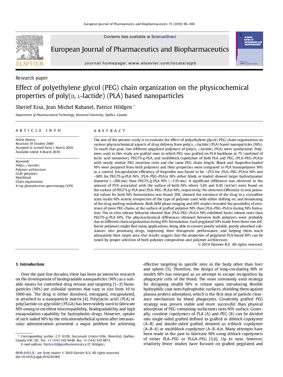 Effect of polyethylene glycol (PEG) chain organization on the physicochemical properties of poly(d, l-lactide) (PLA) based nanoparticles