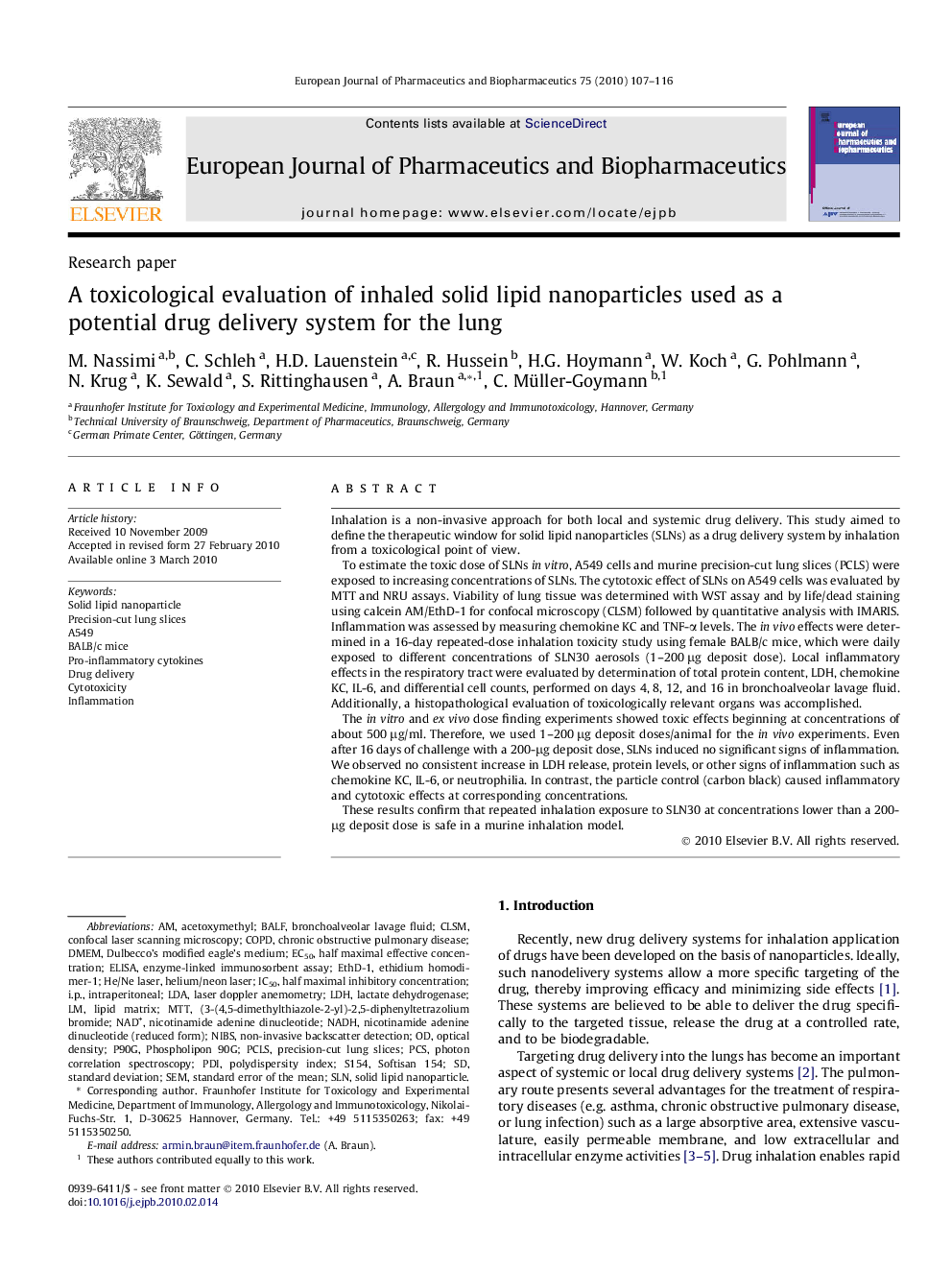 A toxicological evaluation of inhaled solid lipid nanoparticles used as a potential drug delivery system for the lung