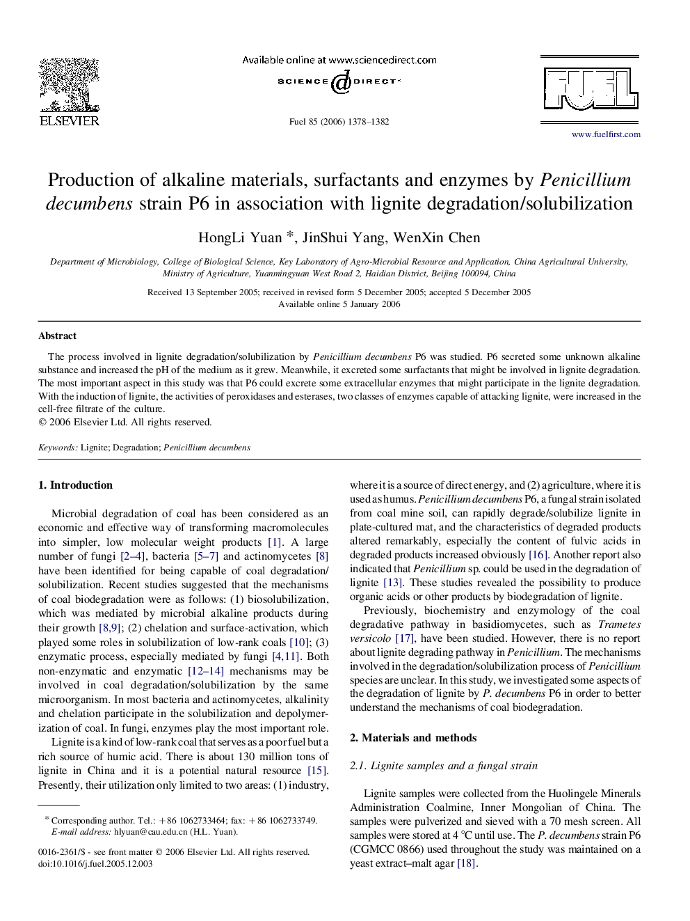 Production of alkaline materials, surfactants and enzymes by Penicillium decumbens strain P6 in association with lignite degradation/solubilization