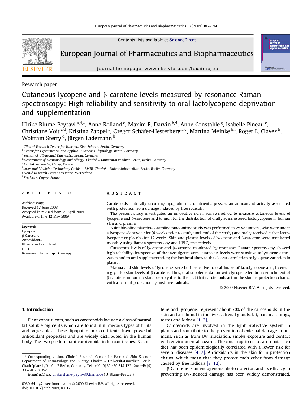 Cutaneous lycopene and β-carotene levels measured by resonance Raman spectroscopy: High reliability and sensitivity to oral lactolycopene deprivation and supplementation