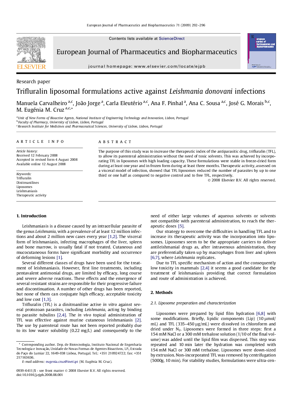 Trifluralin liposomal formulations active against Leishmania donovani infections