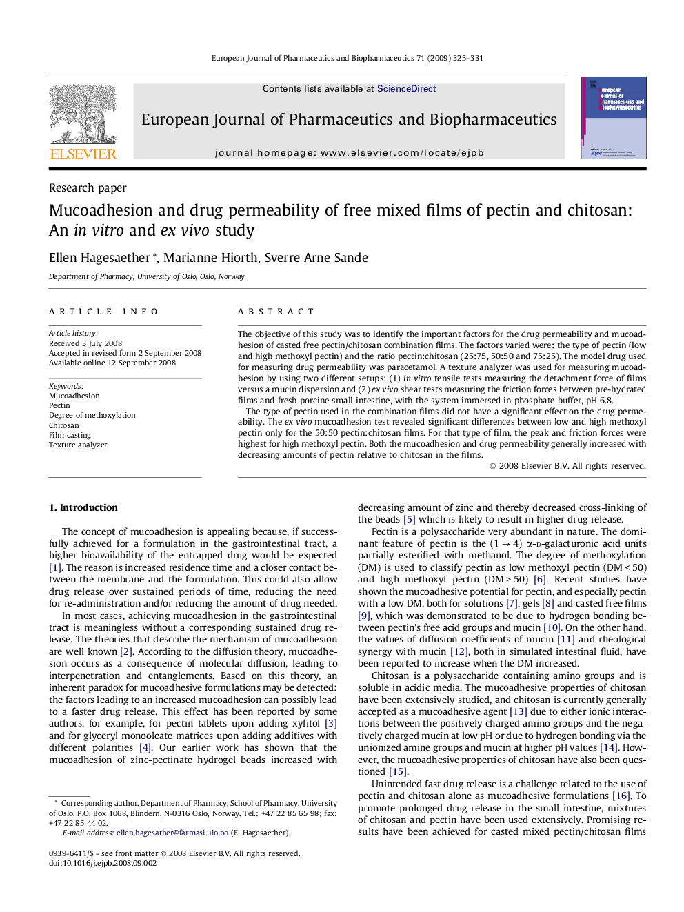 Mucoadhesion and drug permeability of free mixed films of pectin and chitosan: An in vitro and ex vivo study