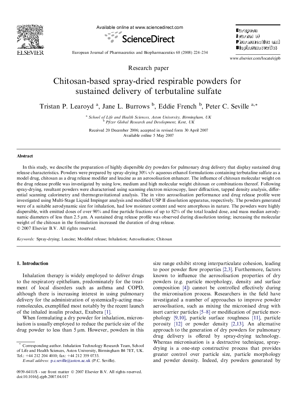 Chitosan-based spray-dried respirable powders for sustained delivery of terbutaline sulfate