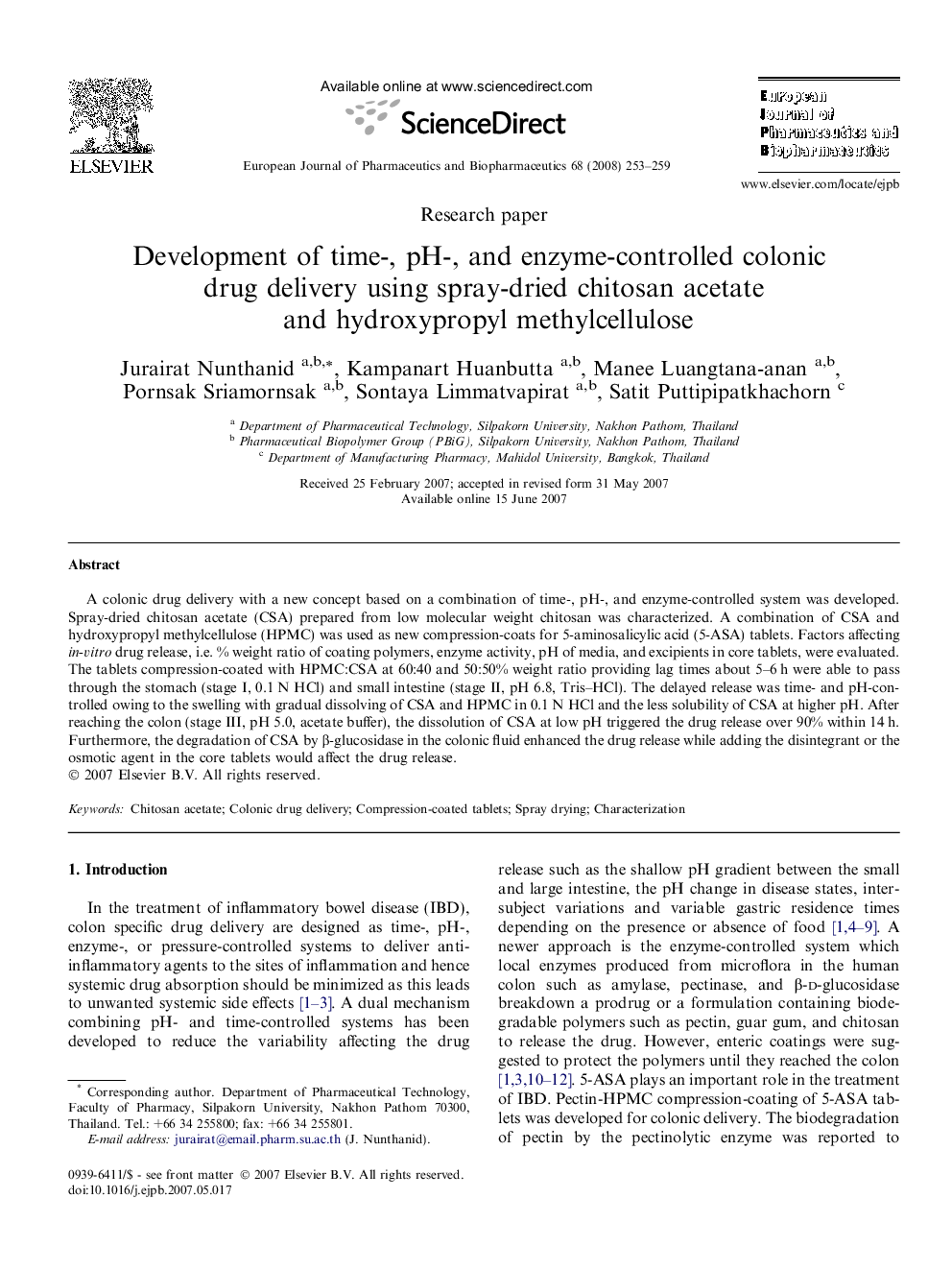 Development of time-, pH-, and enzyme-controlled colonic drug delivery using spray-dried chitosan acetate and hydroxypropyl methylcellulose