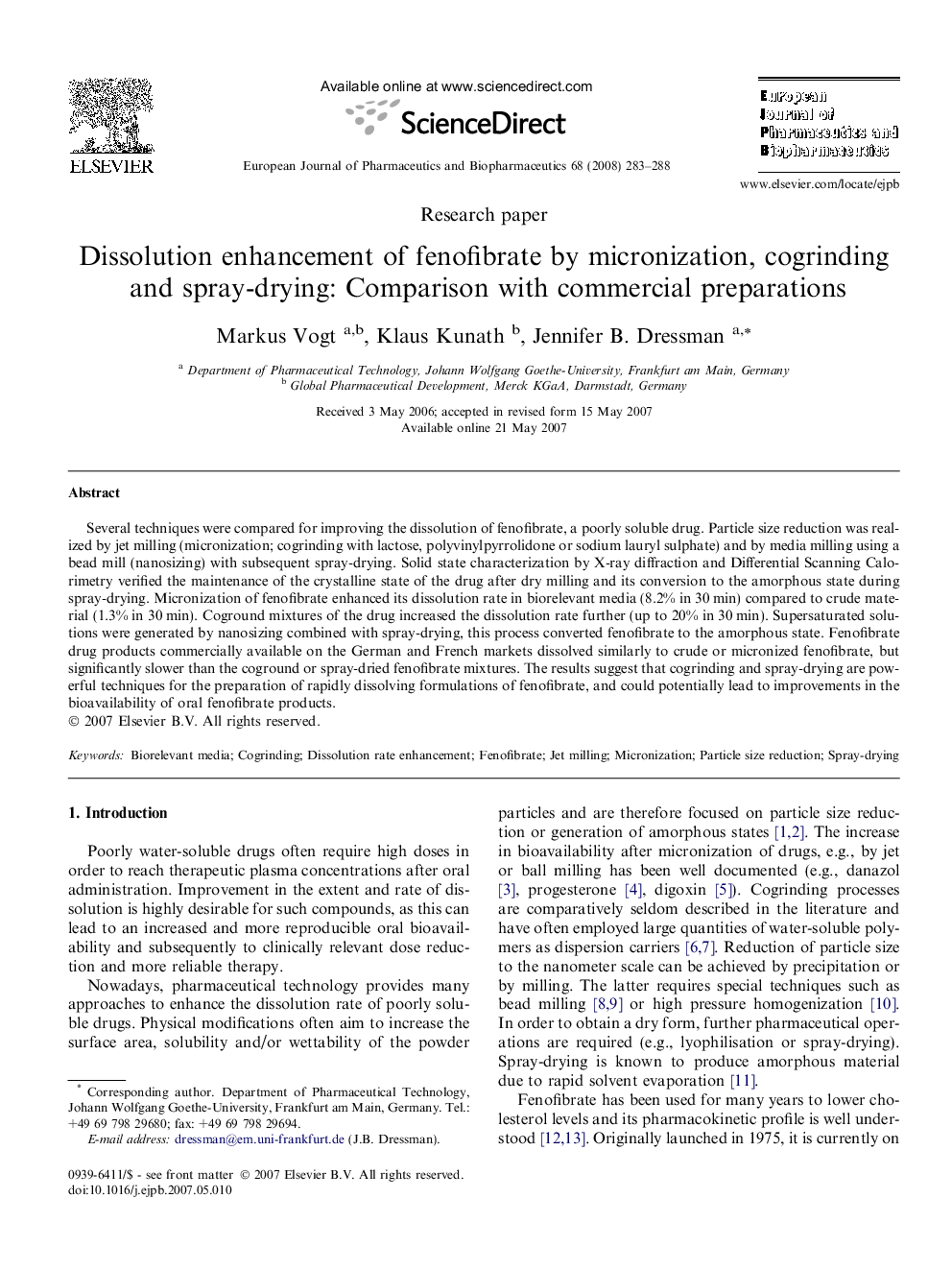 Dissolution enhancement of fenofibrate by micronization, cogrinding and spray-drying: Comparison with commercial preparations