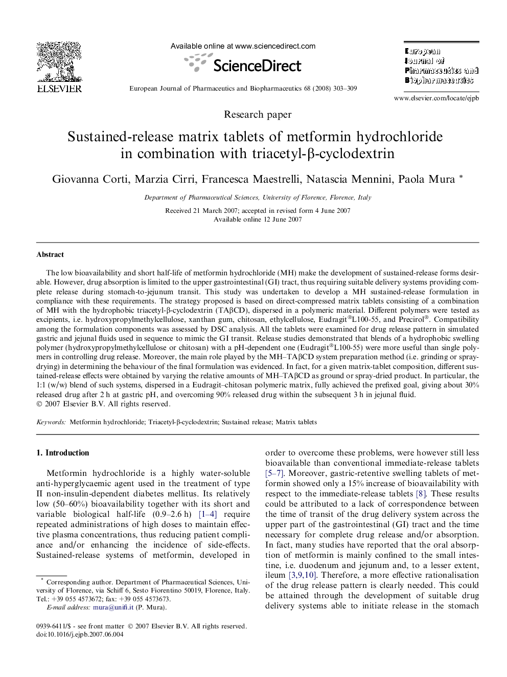 Sustained-release matrix tablets of metformin hydrochloride in combination with triacetyl-β-cyclodextrin