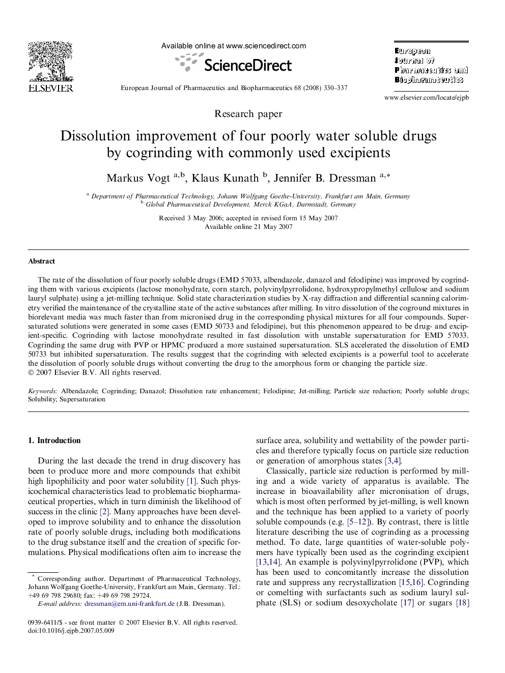 Dissolution improvement of four poorly water soluble drugs by cogrinding with commonly used excipients