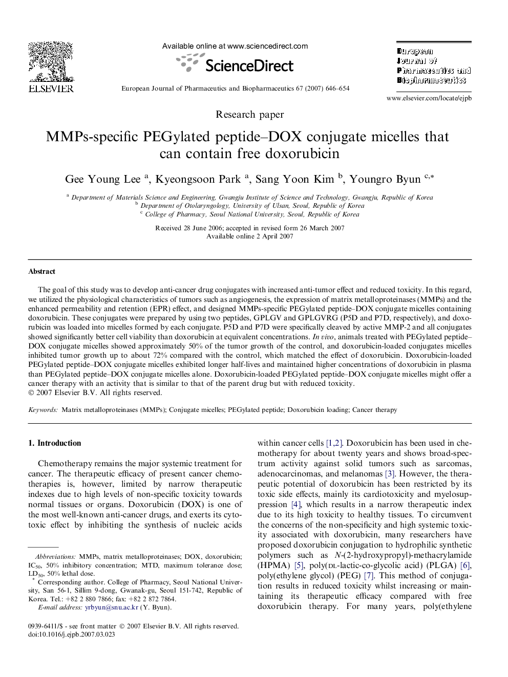 MMPs-specific PEGylated peptide–DOX conjugate micelles that can contain free doxorubicin