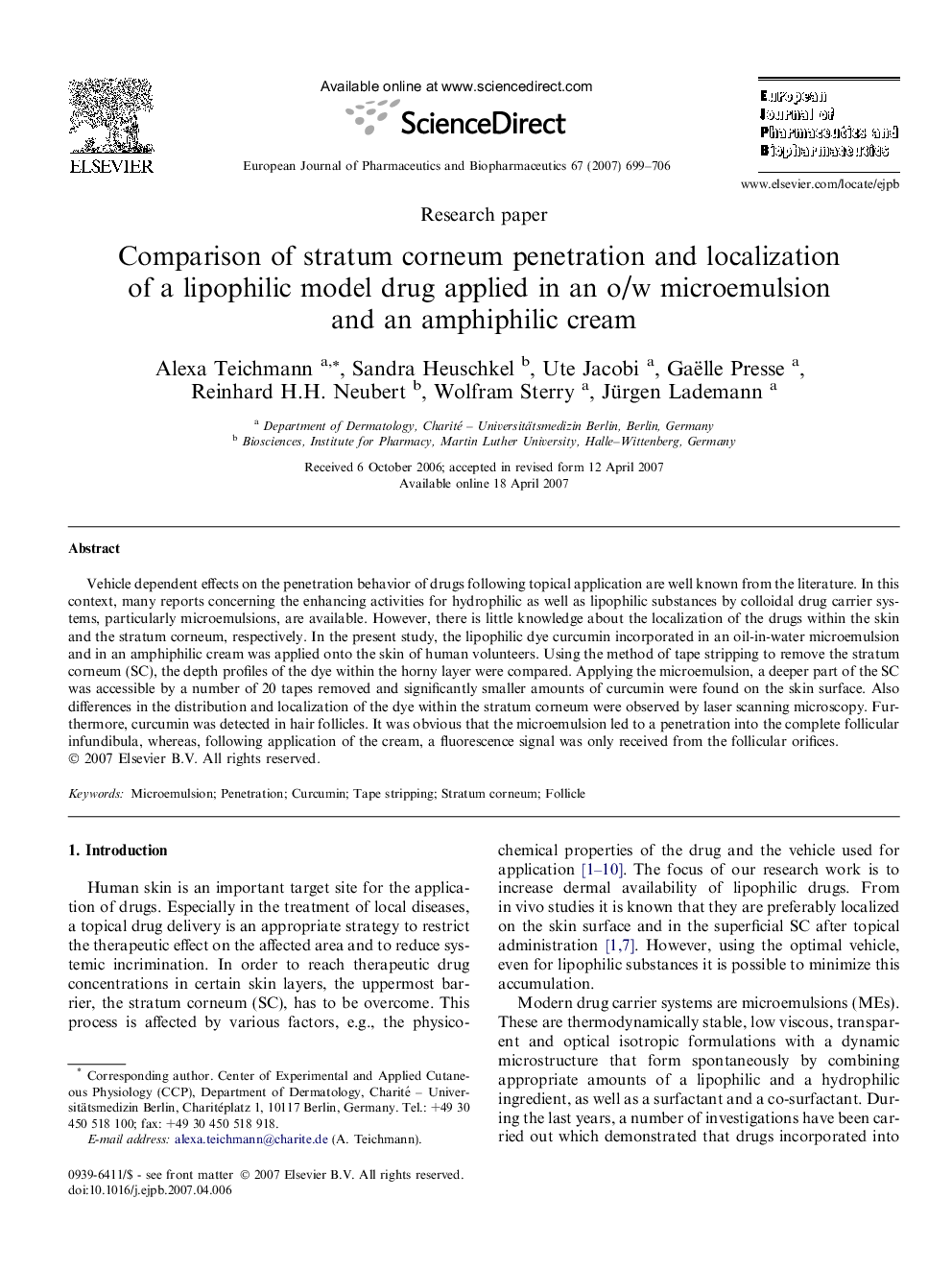 Comparison of stratum corneum penetration and localization of a lipophilic model drug applied in an o/w microemulsion and an amphiphilic cream