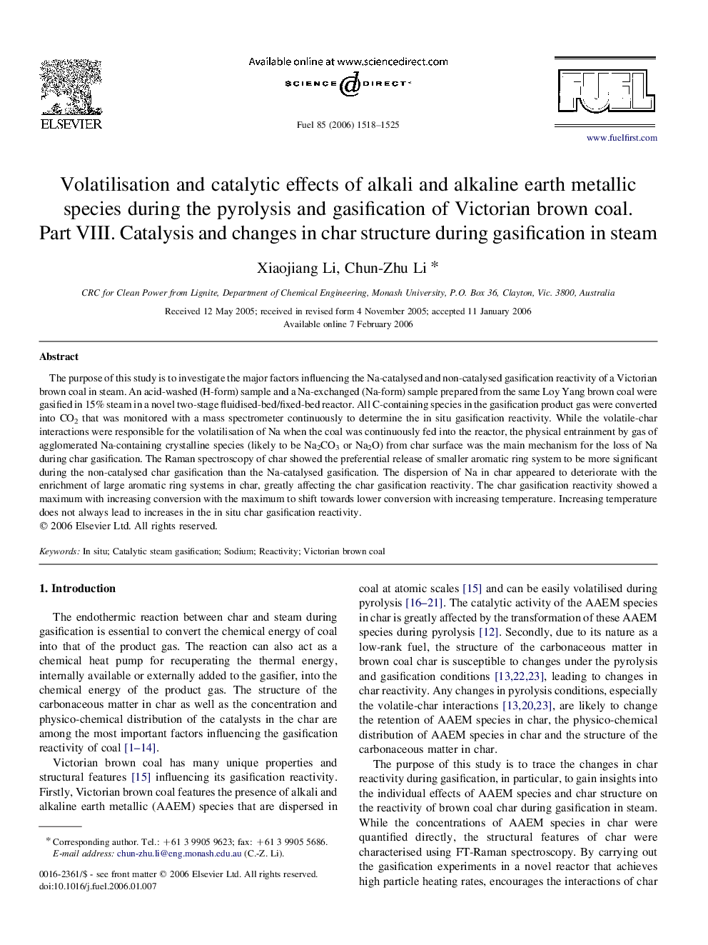 Volatilisation and catalytic effects of alkali and alkaline earth metallic species during the pyrolysis and gasification of Victorian brown coal. Part VIII. Catalysis and changes in char structure during gasification in steam