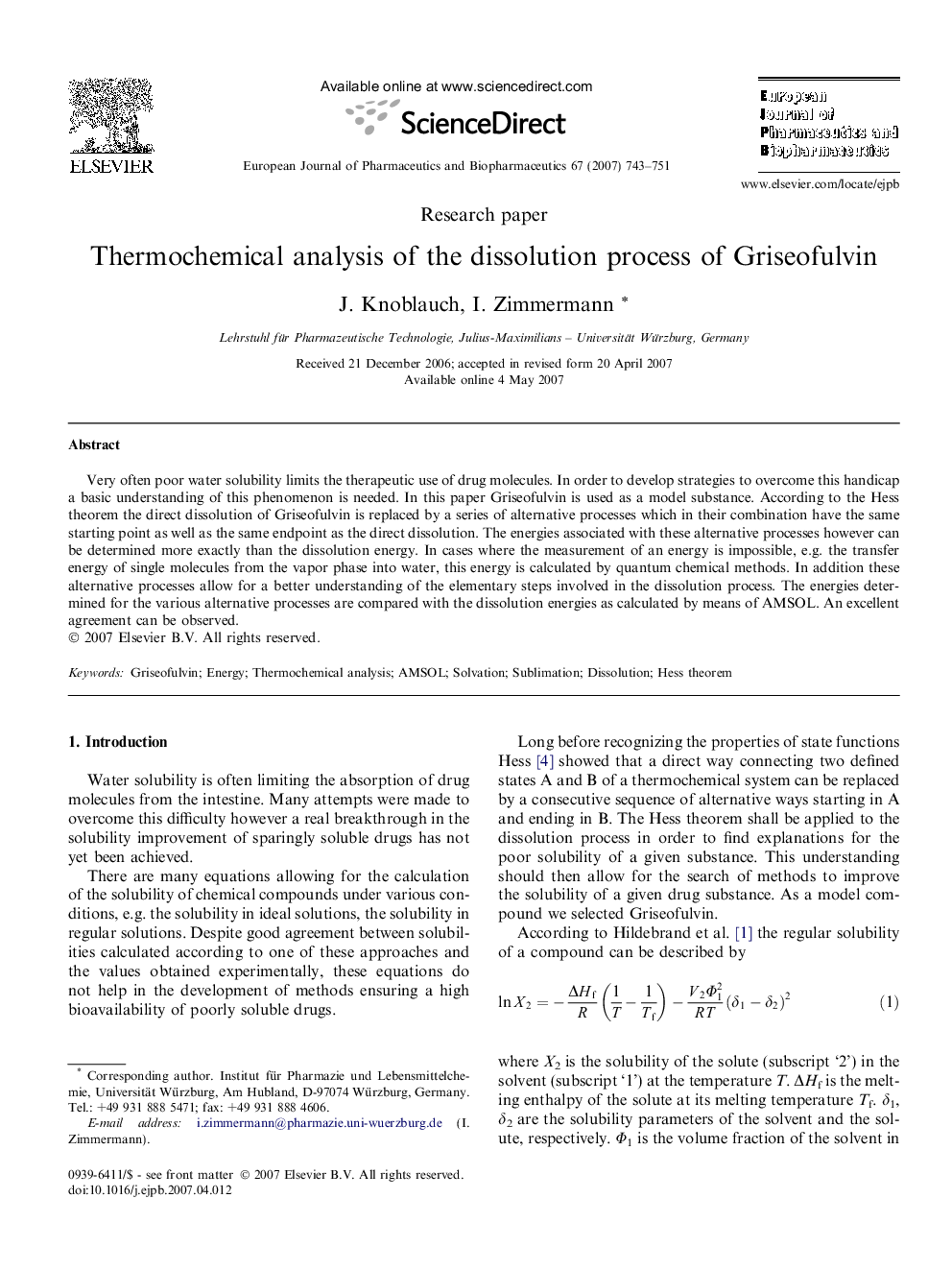 Thermochemical analysis of the dissolution process of Griseofulvin