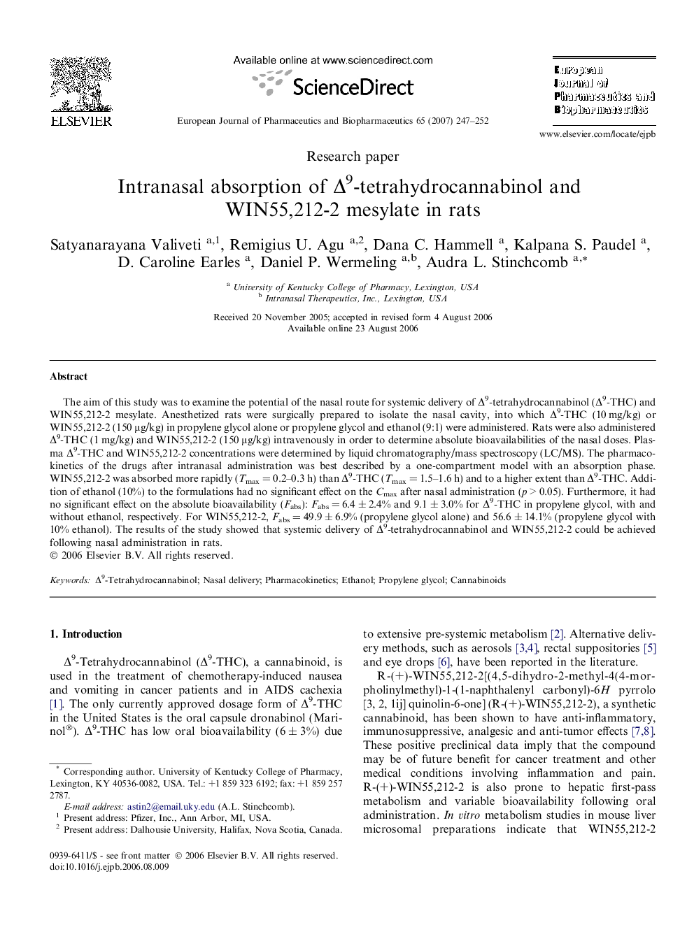 Intranasal absorption of Δ9-tetrahydrocannabinol and WIN55,212-2 mesylate in rats