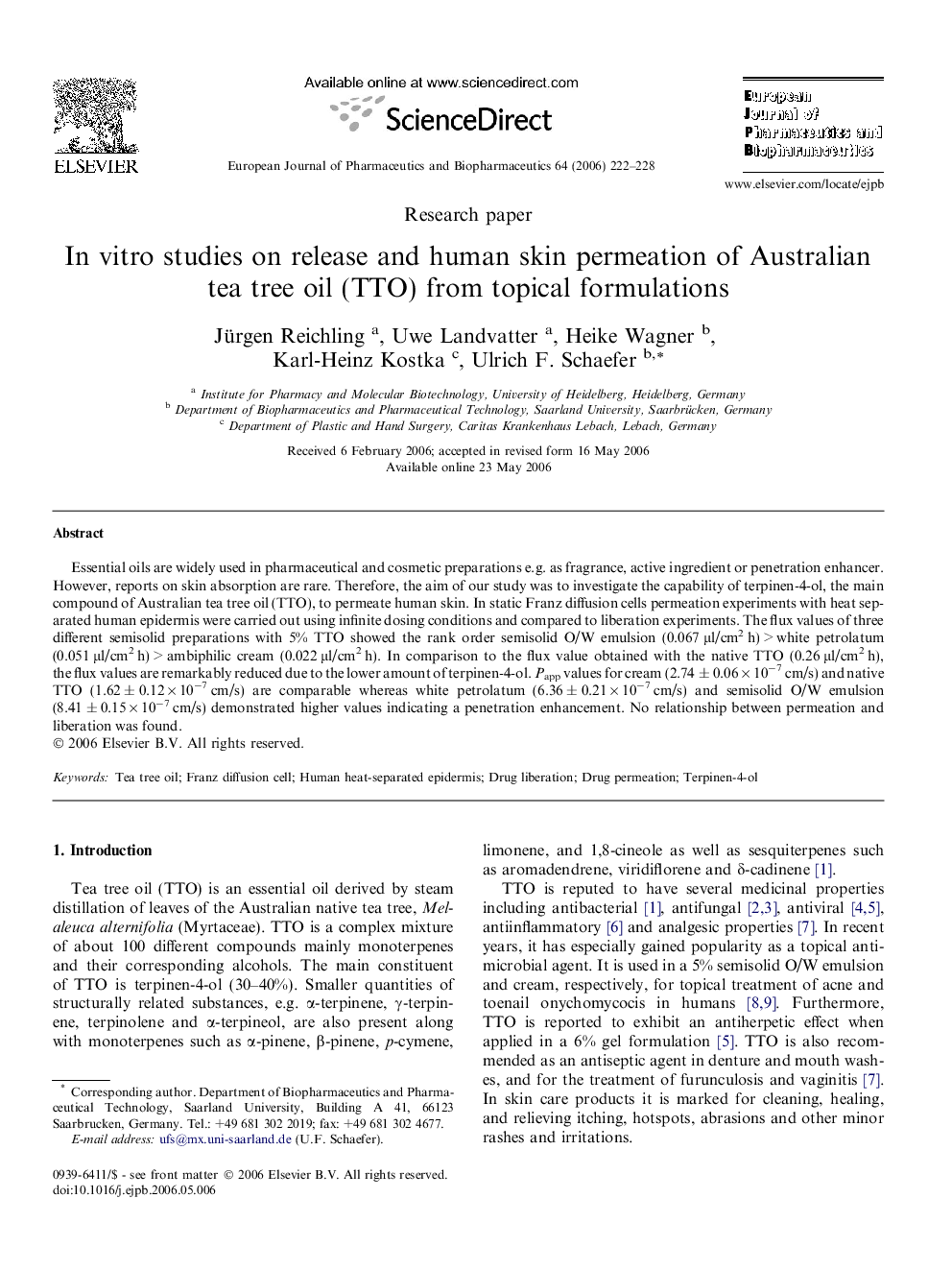 In vitro studies on release and human skin permeation of Australian tea tree oil (TTO) from topical formulations