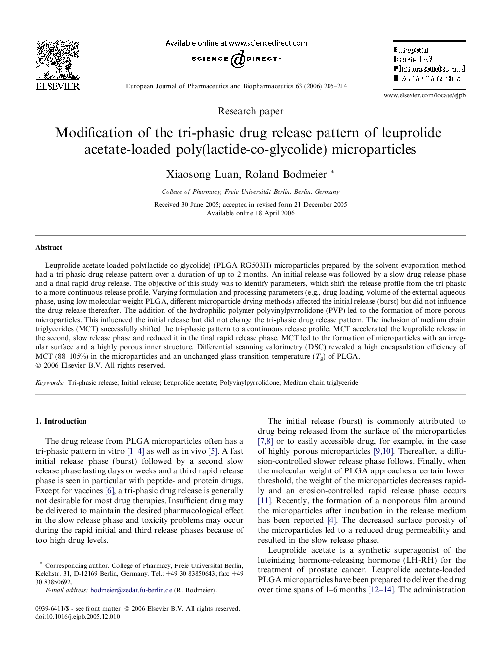 Modification of the tri-phasic drug release pattern of leuprolide acetate-loaded poly(lactide-co-glycolide) microparticles