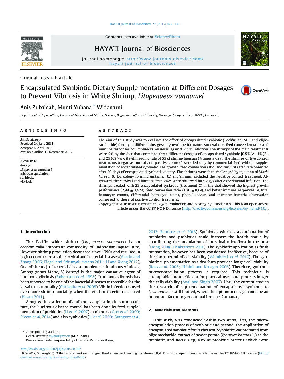 Encapsulated Synbiotic Dietary Supplementation at Different Dosages to Prevent Vibriosis in White Shrimp, Litopenaeus vannamei 