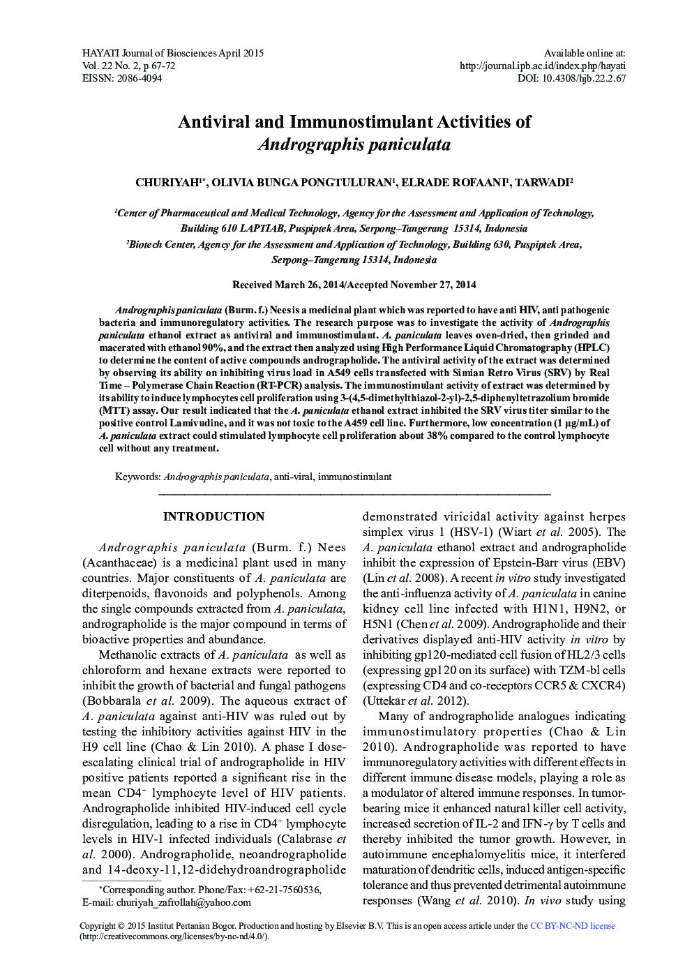 Antiviral and Immunostimulant Activities of Andrographis paniculata