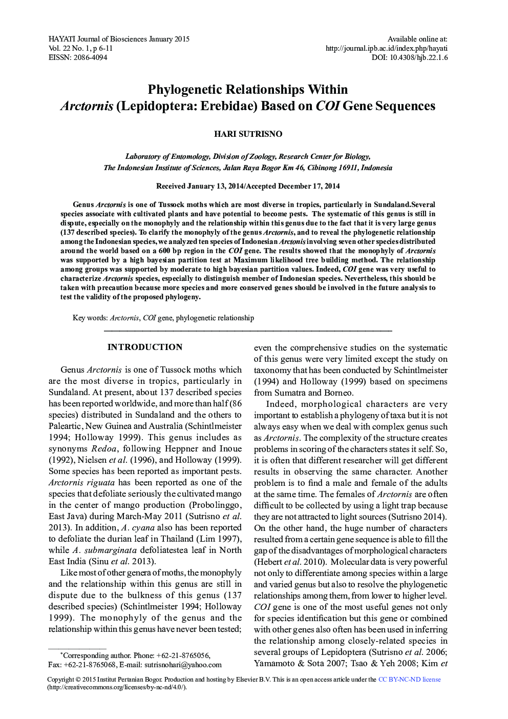 Phylogenetic Relationships Within Arctornis (Lepidoptera: Erebidae) Based on COI Gene Sequences