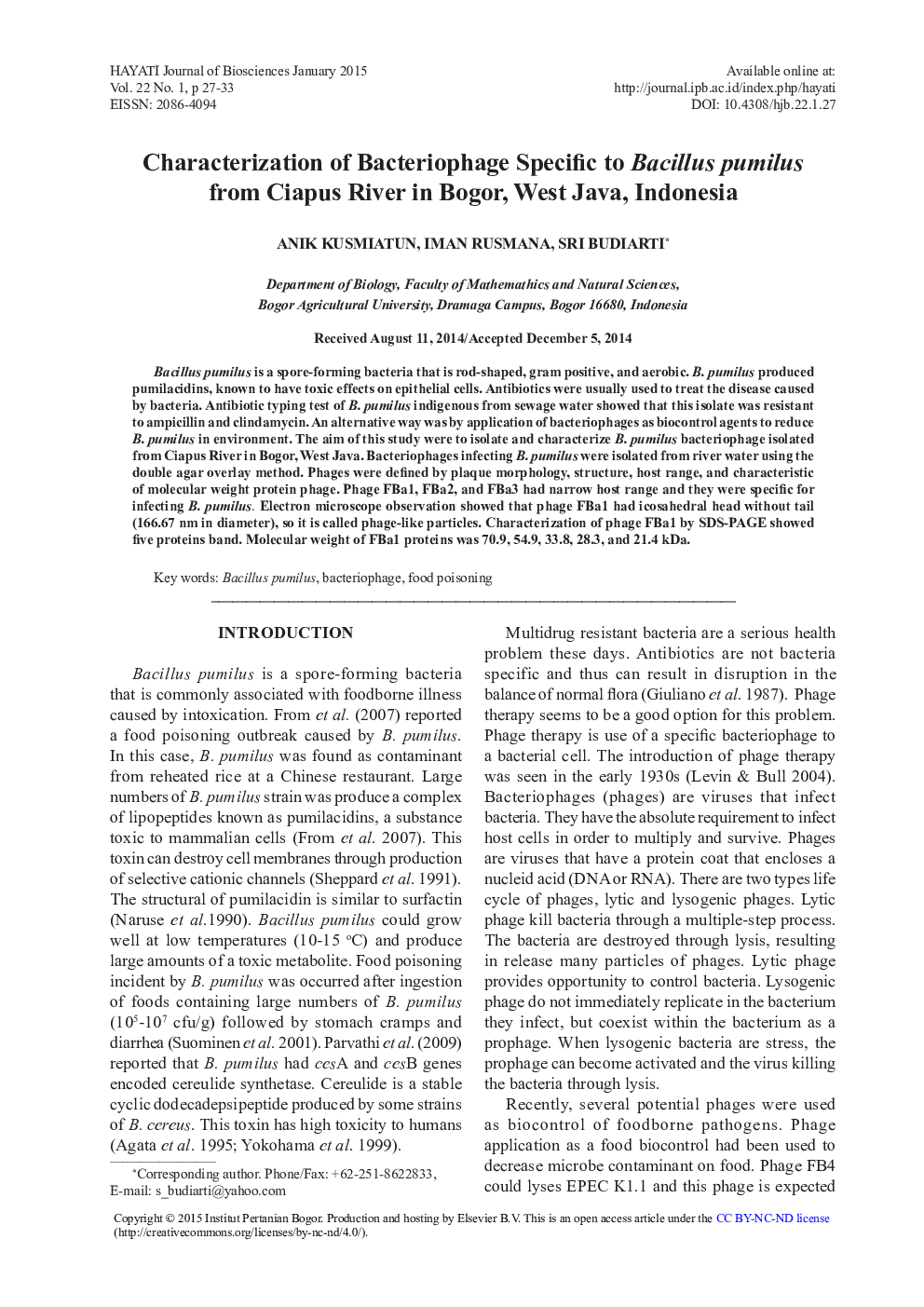 Characterization of Bacteriophage Specific to Bacillus pumilus from Ciapus River in Bogor, West Java, Indonesia