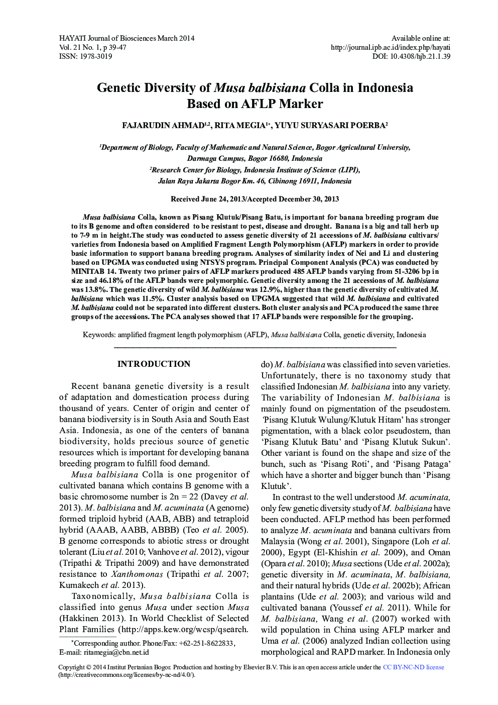 Genetic Diversity of Musa balbisiana Colla in Indonesia Based on AFLP Marker