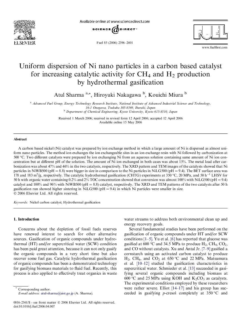 Uniform dispersion of Ni nano particles in a carbon based catalyst for increasing catalytic activity for CH4 and H2 production by hydrothermal gasification