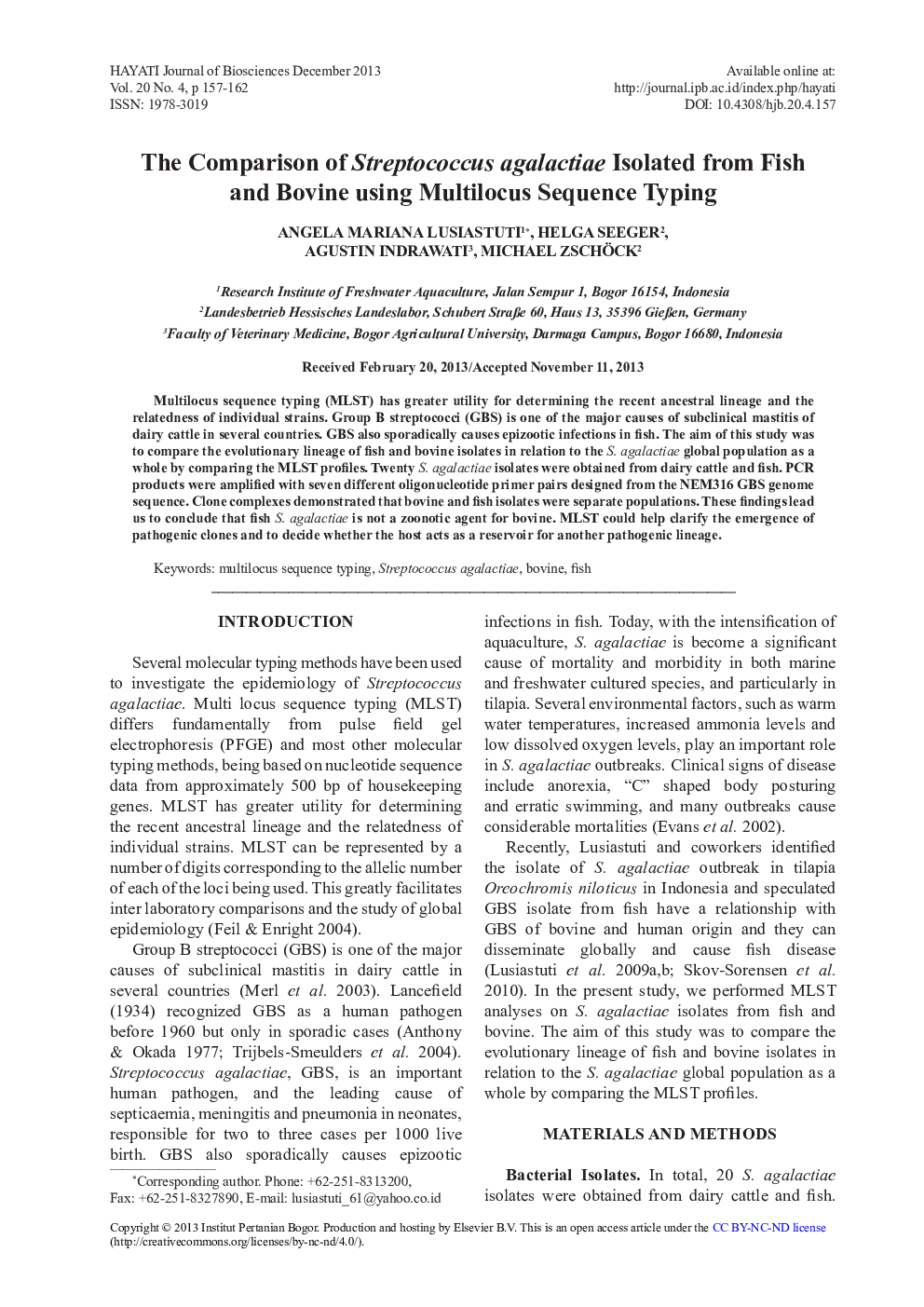 The Comparison of Streptococcus agalactiae Isolated from Fish and Bovine using Multilocus Sequence Typing