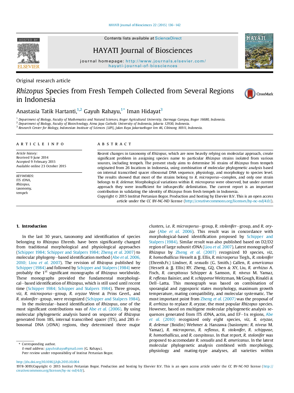 Rhizopus Species from Fresh Tempeh Collected from Several Regions in Indonesia 