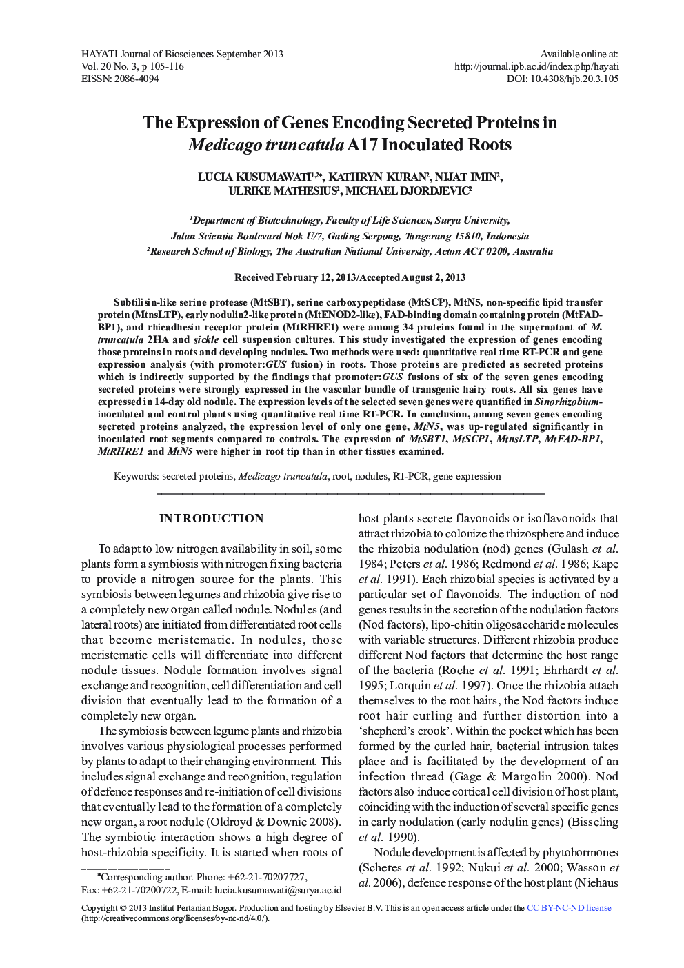 The Expression of Genes Encoding Secreted Proteins in Medicago truncatula A17 Inoculated Roots