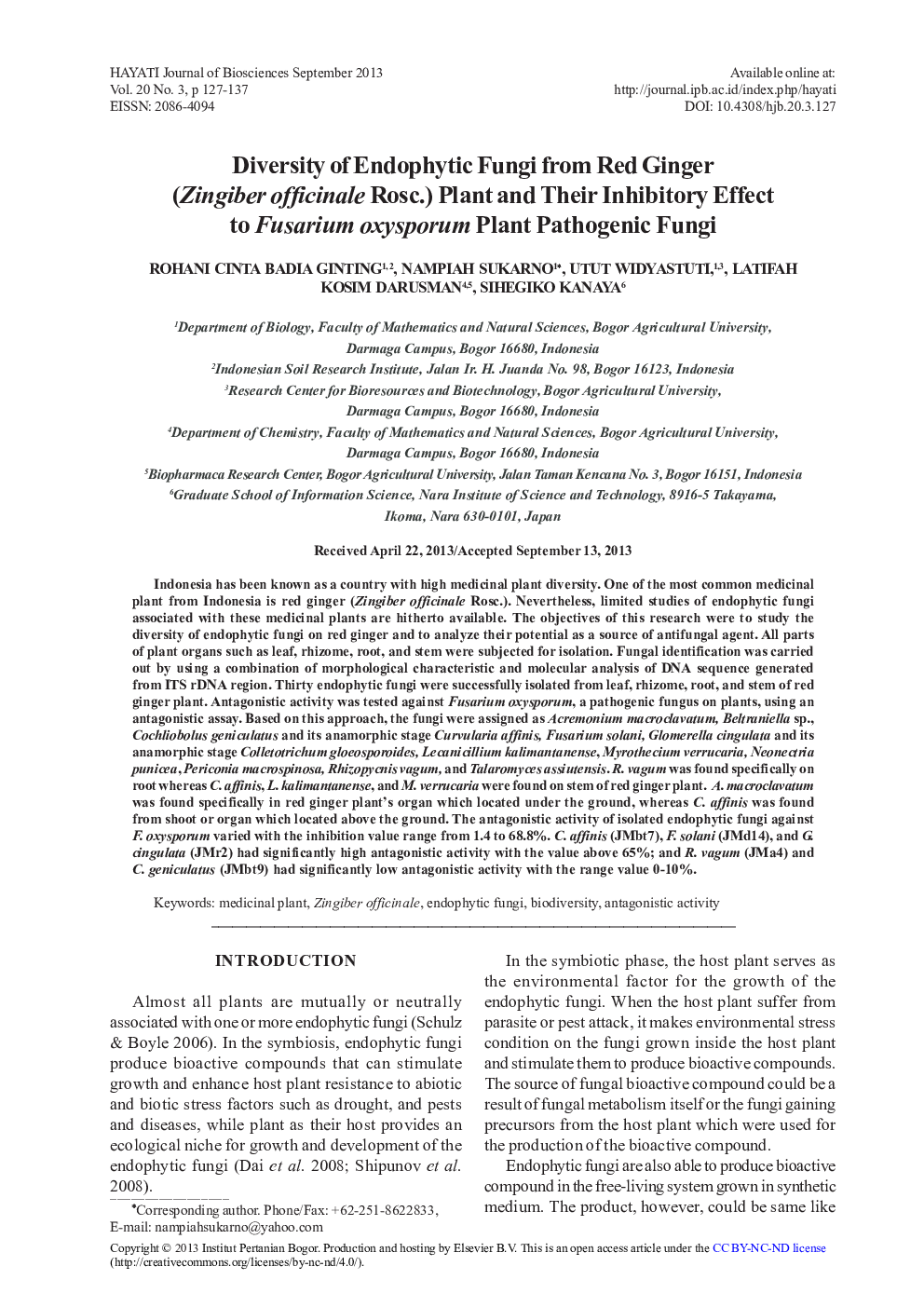 Diversity of Endophytic Fungi from Red Ginger (Zingiber officinale Rosc.) Plant and Their Inhibitory Effect to Fusarium oxysporum Plant Pathogenic Fungi