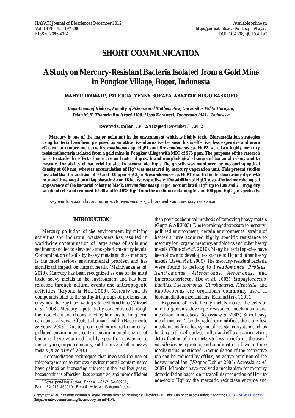 A Study on Mercury-Resistant Bacteria Isolated from a Gold Mine in Pongkor Village, Bogor, Indonesia