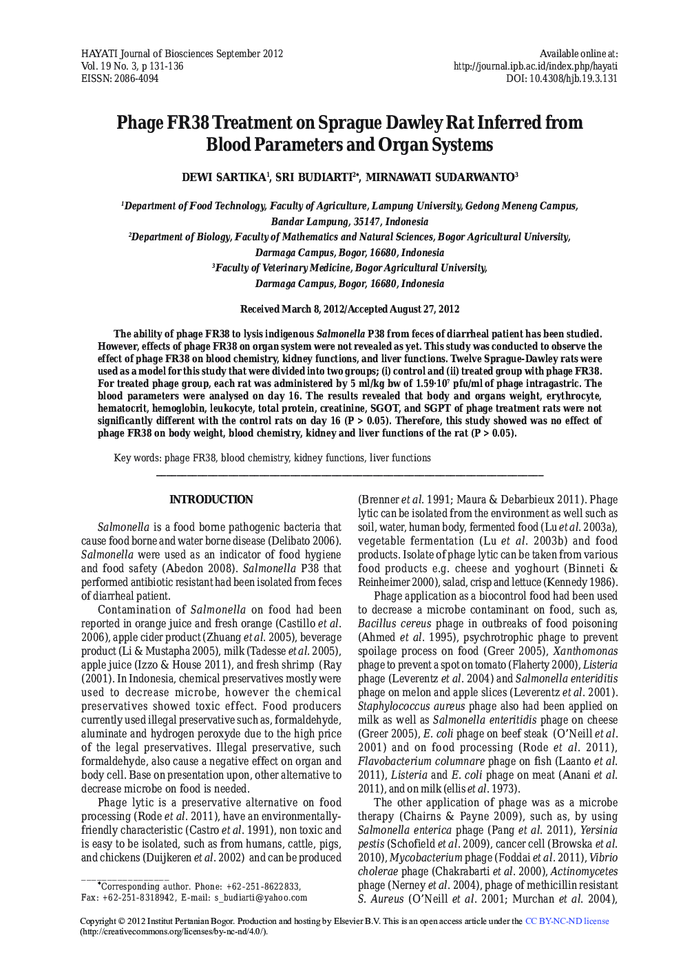 Phage FR38 Treatment on Sprague Dawley Rat Inferred from Blood Parameters and Organ Systems