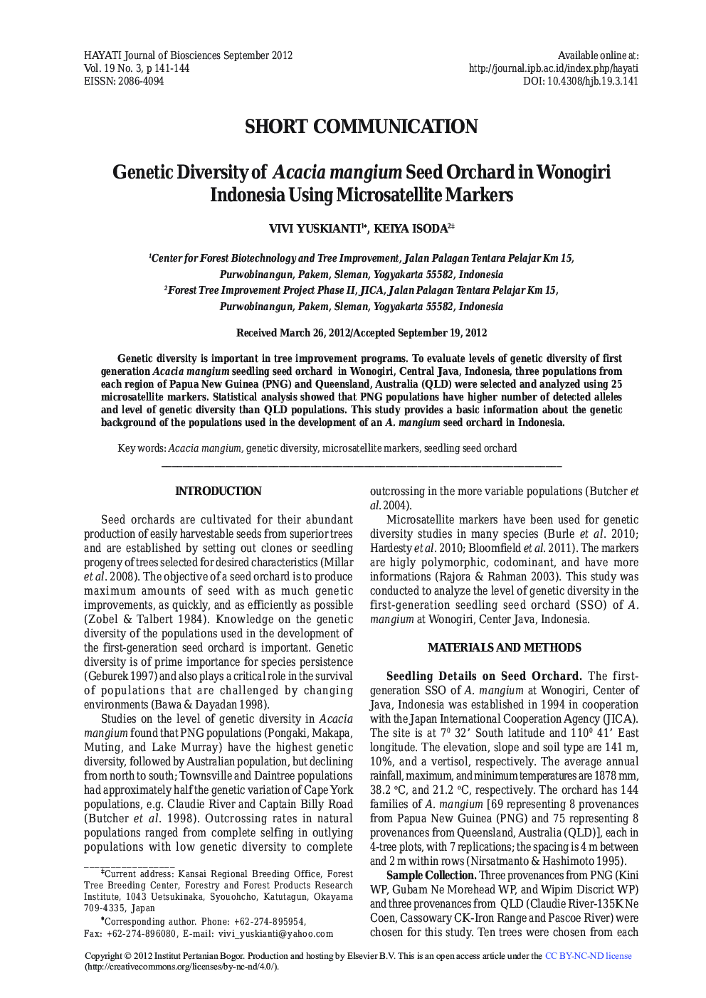 Genetic Diversity of Acacia mangium Seed Orchard in Wonogiri Indonesia Using Microsatellite Markers