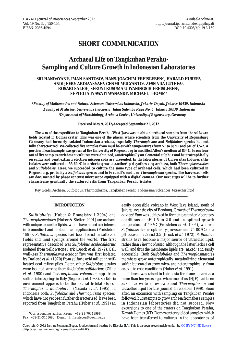 Archaeal Life on Tangkuban Perahu-Sampling and Culture Growth in Indonesian Laboratories