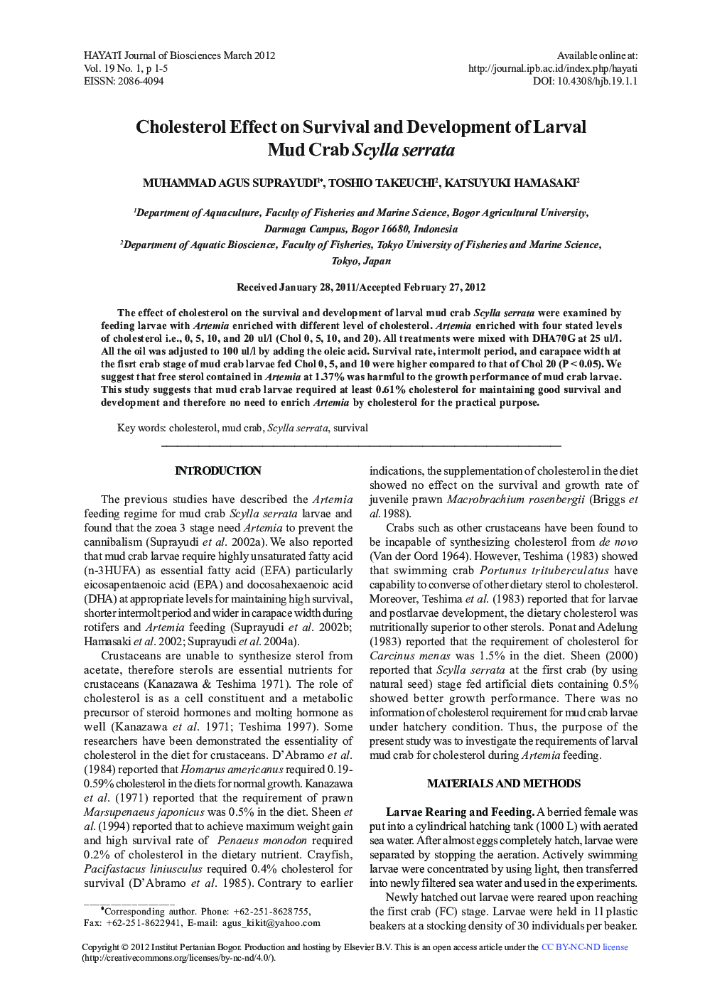 Cholesterol Effect on Survival and Development of Larval Mud Crab Scylla serrata