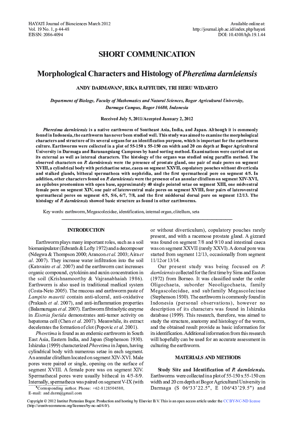 Morphological Characters and Histology of Pheretima darnleiensis