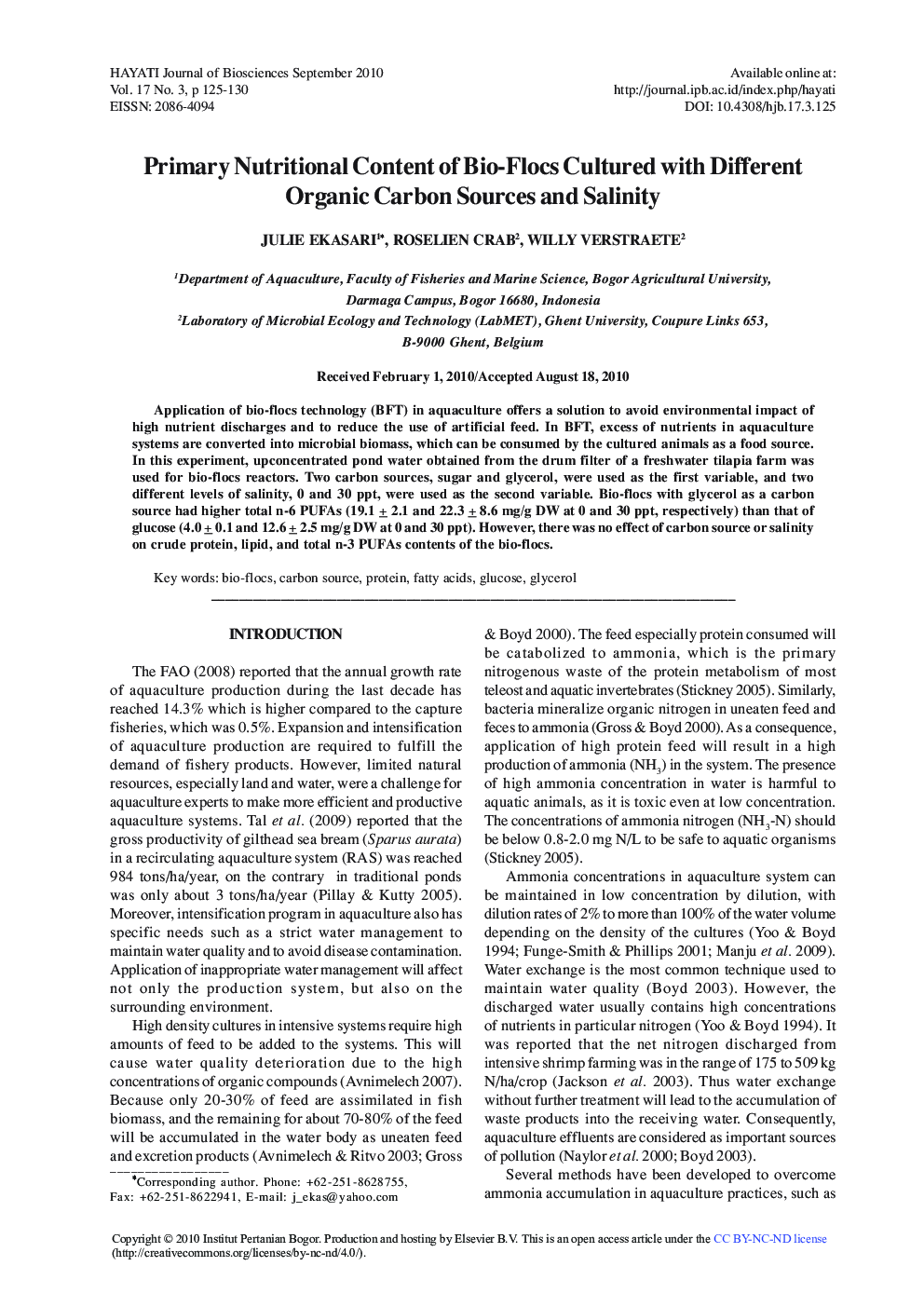 عکس صفحه اول مقاله: Primary Nutritional Content of Bio-Flocs Cultured with Different Organic Carbon Sources and Salinity Primary Nutritional Content of Bio-Flocs Cultured with Different Organic Carbon Sources and Salinity