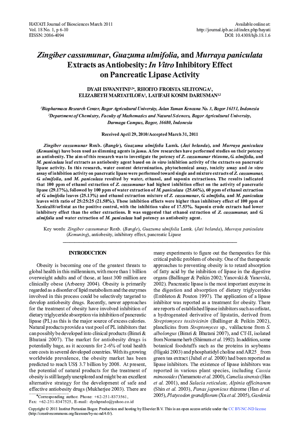 Zingiber cassumunar, Guazuma ulmifolia, and Murraya paniculata Extracts as Antiobesity: In Vitro Inhibitory Effect on Pancreatic Lipase Activity