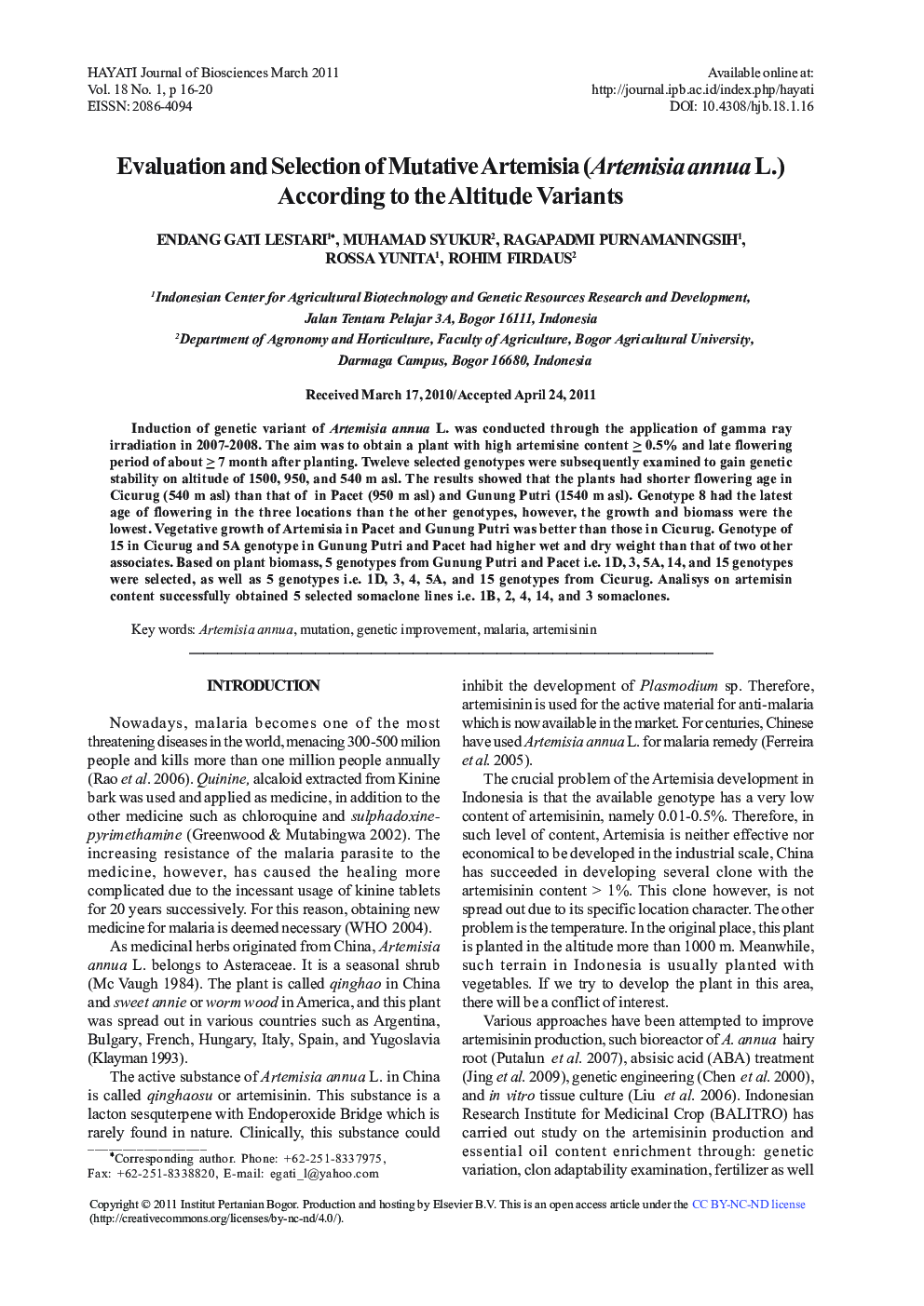 Evaluation and Selection of Mutative Artemisia (Artemisia annua L.) According to the Altitude Variants