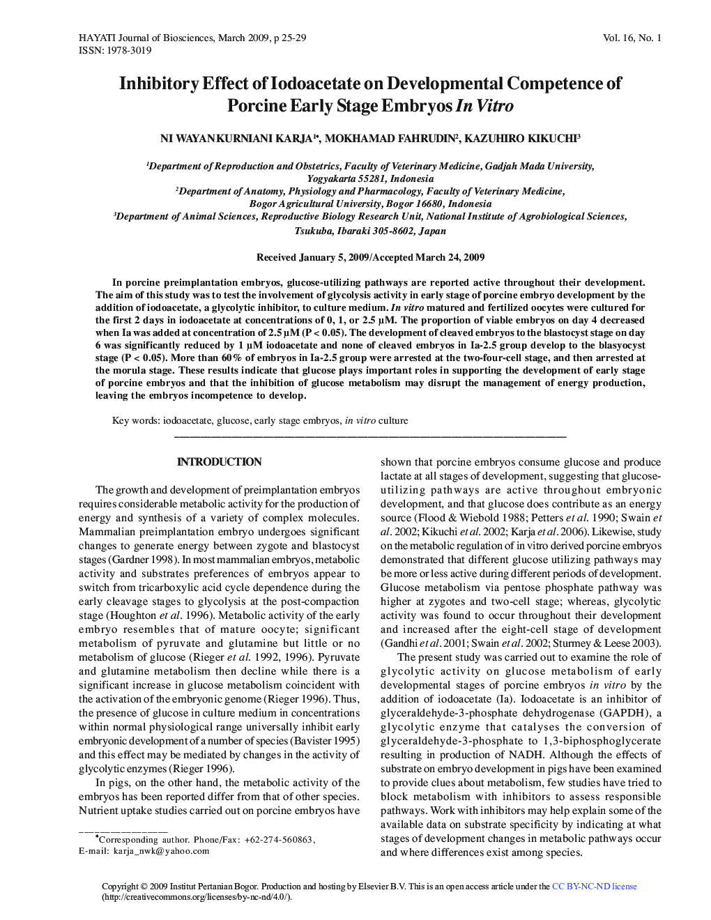 Inhibitory Effect of Iodoacetate on Developmental Competence of Porcine Early Stage Embryos In Vitro