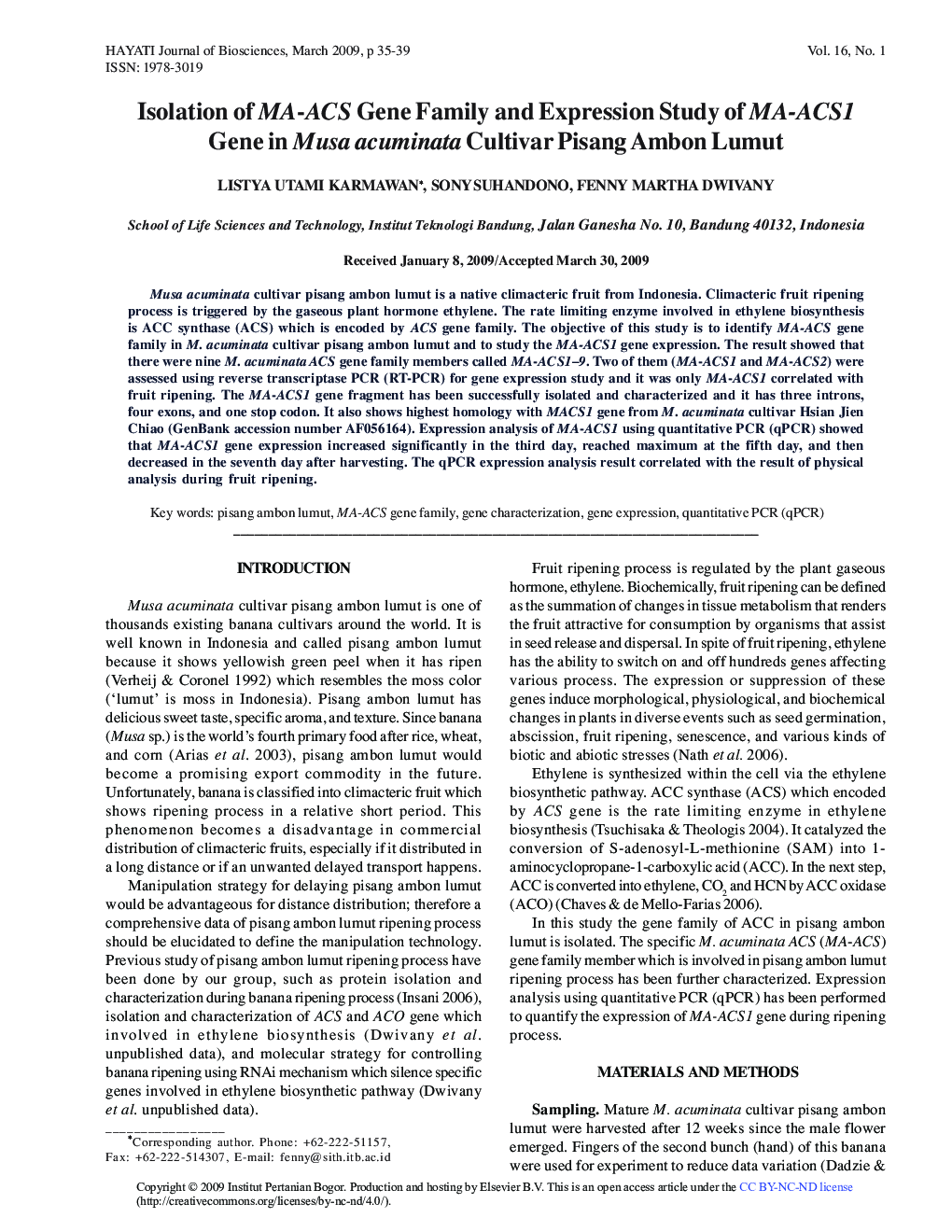 Isolation of MA-ACS Gene Family and Expression Study of MA-ACS1 Gene in Musa acuminata Cultivar Pisang Ambon Lumut