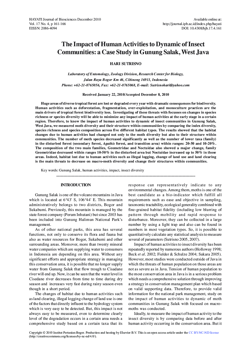 عکس صفحه اول مقاله: The Impact of Human Activities to Dynamic of Insect Communities: a Case Study in Gunung Salak, West Java The Impact of Human Activities to Dynamic of Insect Communities: a Case Study in Gunung Salak, West Java