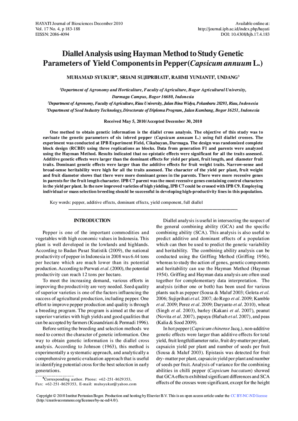 Diallel Analysis using Hayman Method to Study Genetic Parameters of Yield Components in Pepper(Capsicum annuum L.)