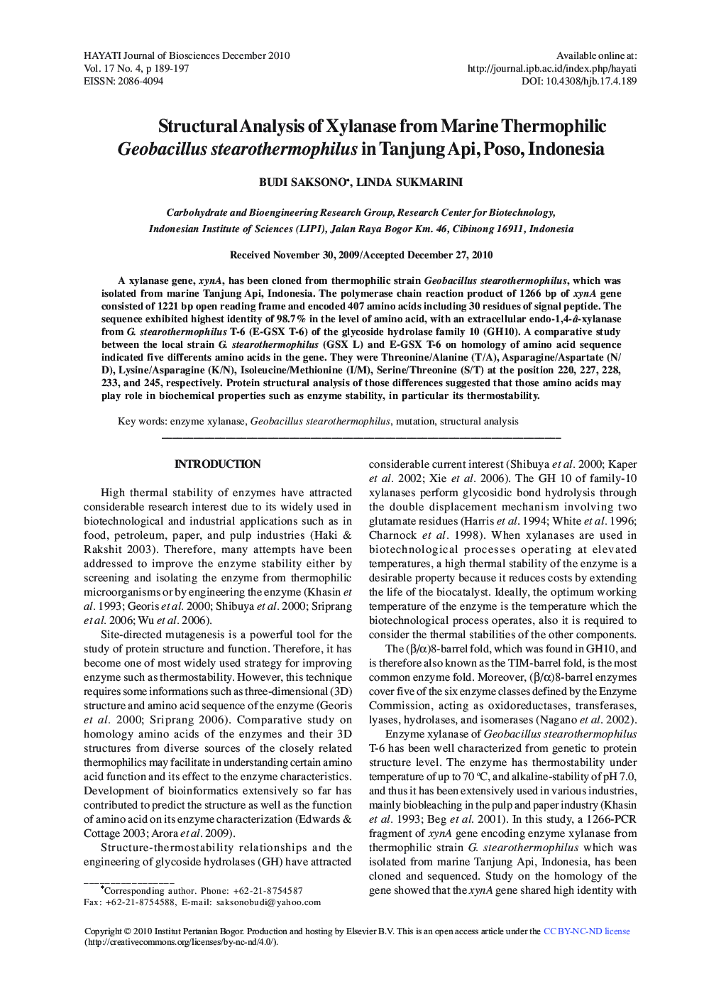 Structural Analysis of Xylanase from Marine Thermophilic Geobacillus stearothermophilus in Tanjung Api, Poso, Indonesia