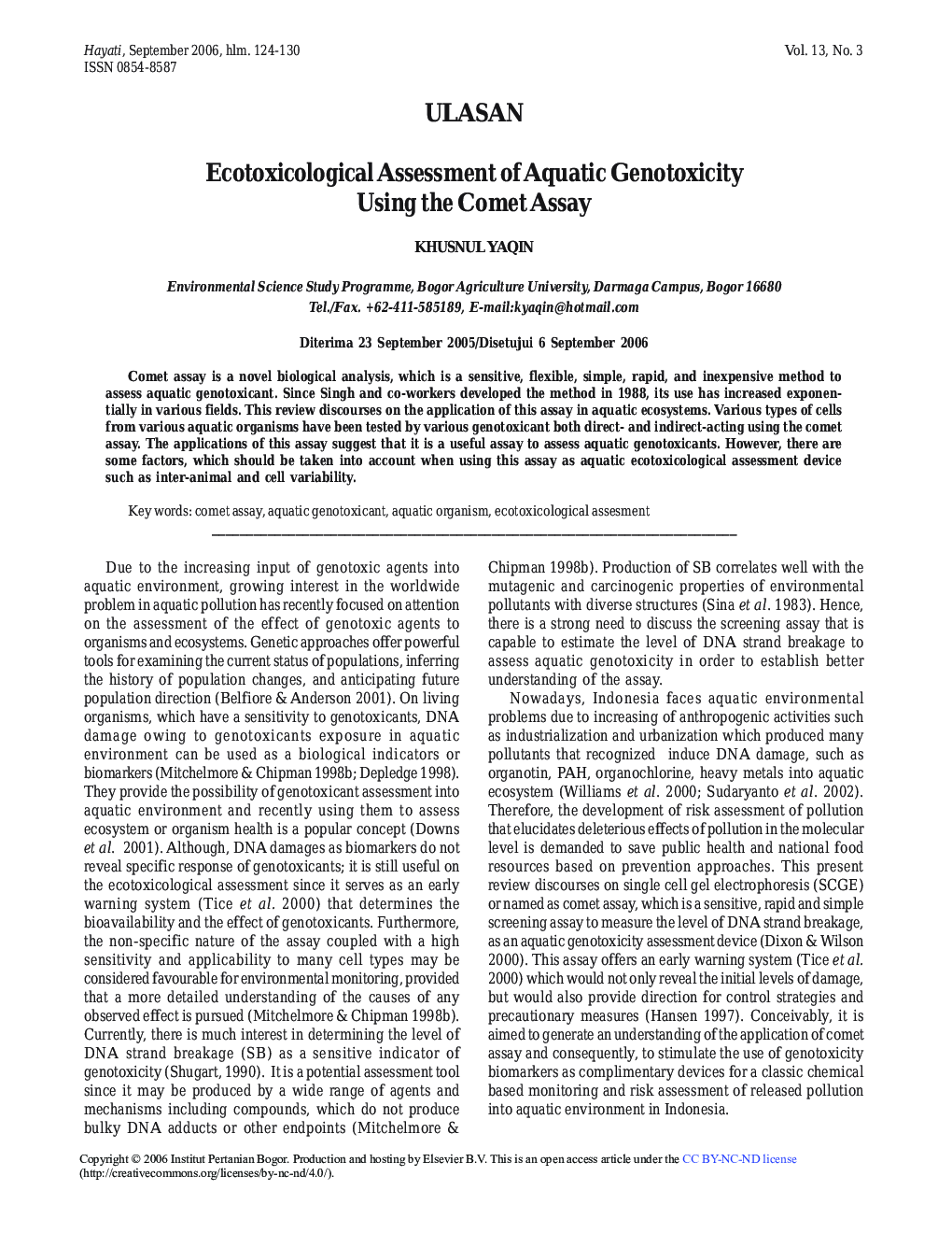 Ecotoxicological Assessment of Aquatic Genotoxicity Using the Comet Assay