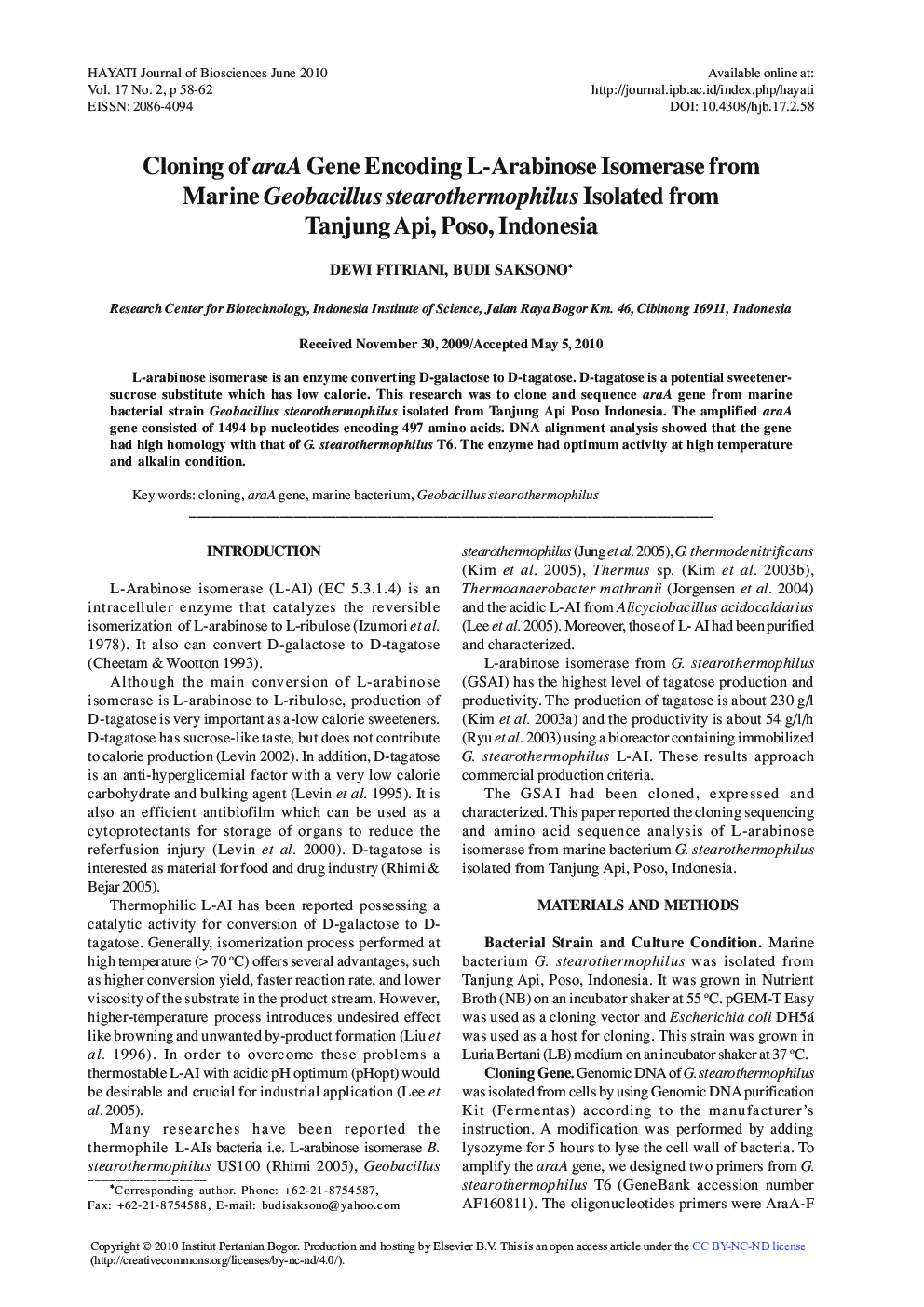 Cloning of araA Gene Encoding L-Arabinose Isomerase from Marine Geobacillus stearothermophilus Isolated from Tanjung Api, Poso, Indonesia