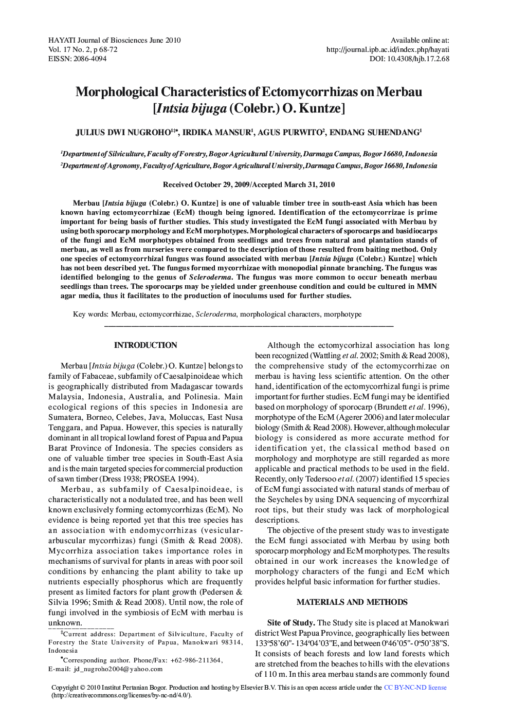 Morphological Characteristics of Ectomycorrhizas on Merbau [Intsia bijuga (Colebr.) O. Kuntze]